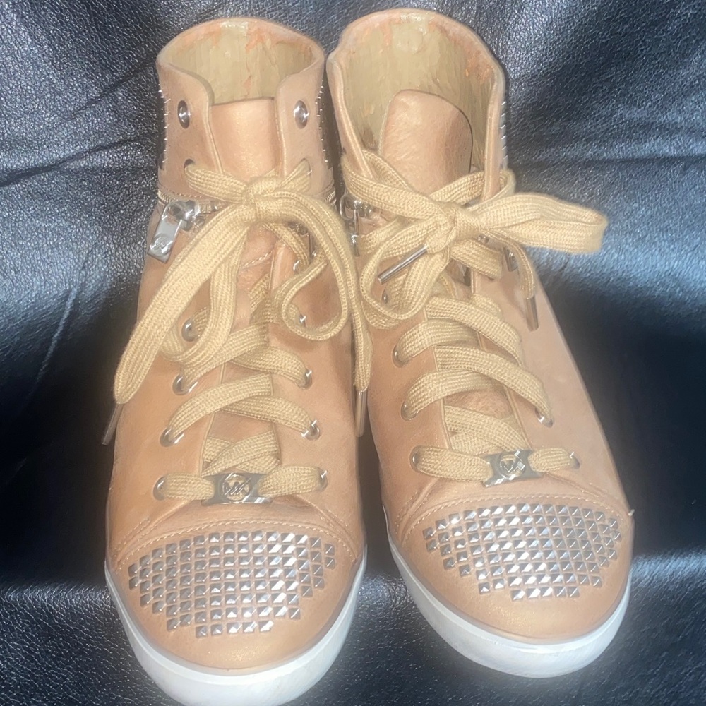 Michael Kors Brown High-Top Sneakers with Silver Studs - Picture 3 of 9